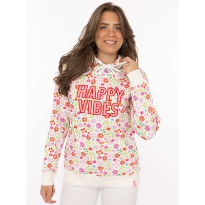 Hoodie ZWILLINGSHERZ "AOP Flower Happy Vibes", Damen, Gr. S, colorful flower, Sweatware, Obermaterial: 50% Baumwolle, 50% Polyester, Sweatshirts Hoodie, All-Over-Print, gestickter Schriftzug, Kapuze, elastische Bündchen