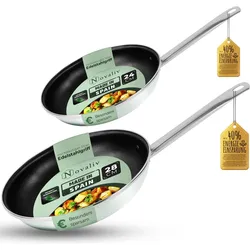 Novaliv Energiesparpfanne 24-28cm Einsparung bis zu 40% Emaillierter Stahl Antihaft Beschichtung inn, Pfanne + Kochtopf, Grün