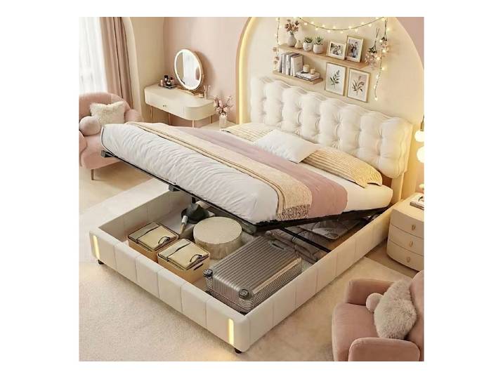 ADWOLT Polsterbett Doppelbett Stauraumbett mit Bettkasten und LED-Leuchten (Packung, 1-tlg., Mit Kopfteil und Bettgestell), 140x200 cm,Bettgestell mit pneumatischen Stützstangen,Samtstoff,beige