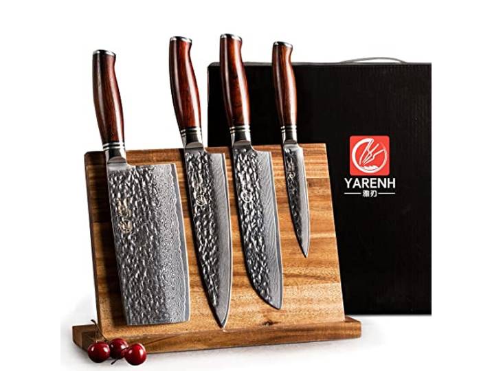 YARENH Damastmesser Set 5 er, Scharfe Messer aus 73 Lagen Damaststahl Klinge und Holzgriff, Messer Set mit Messerblock aus Holz und Hackmesser - chinesisches kochmesser HTT-Serie
