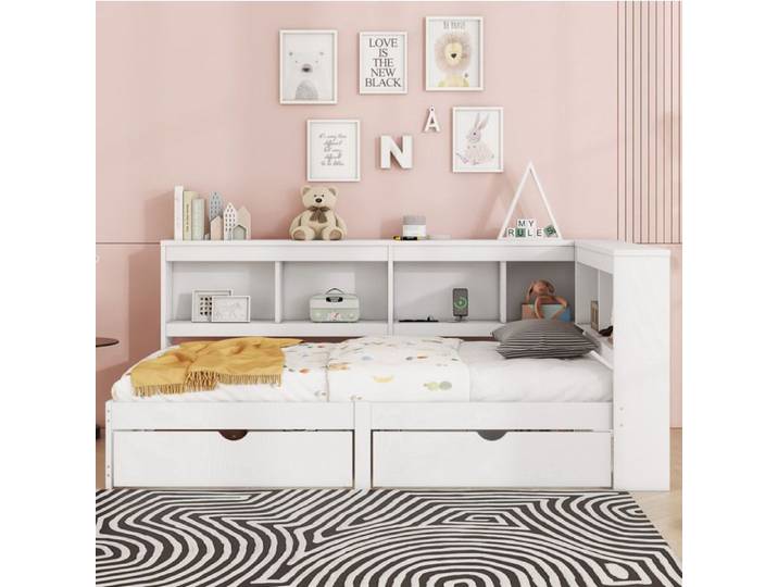 VUENOR Lit banquette 90x200 cm blanc – 2 tiroirs USB et prise sans matelas