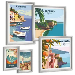 BILDER SET 5er Set - 50x50 cm & 20x30 cm & 40x60 cm Silberner Rahmen - Retro-Illustrationen berühmter Orte