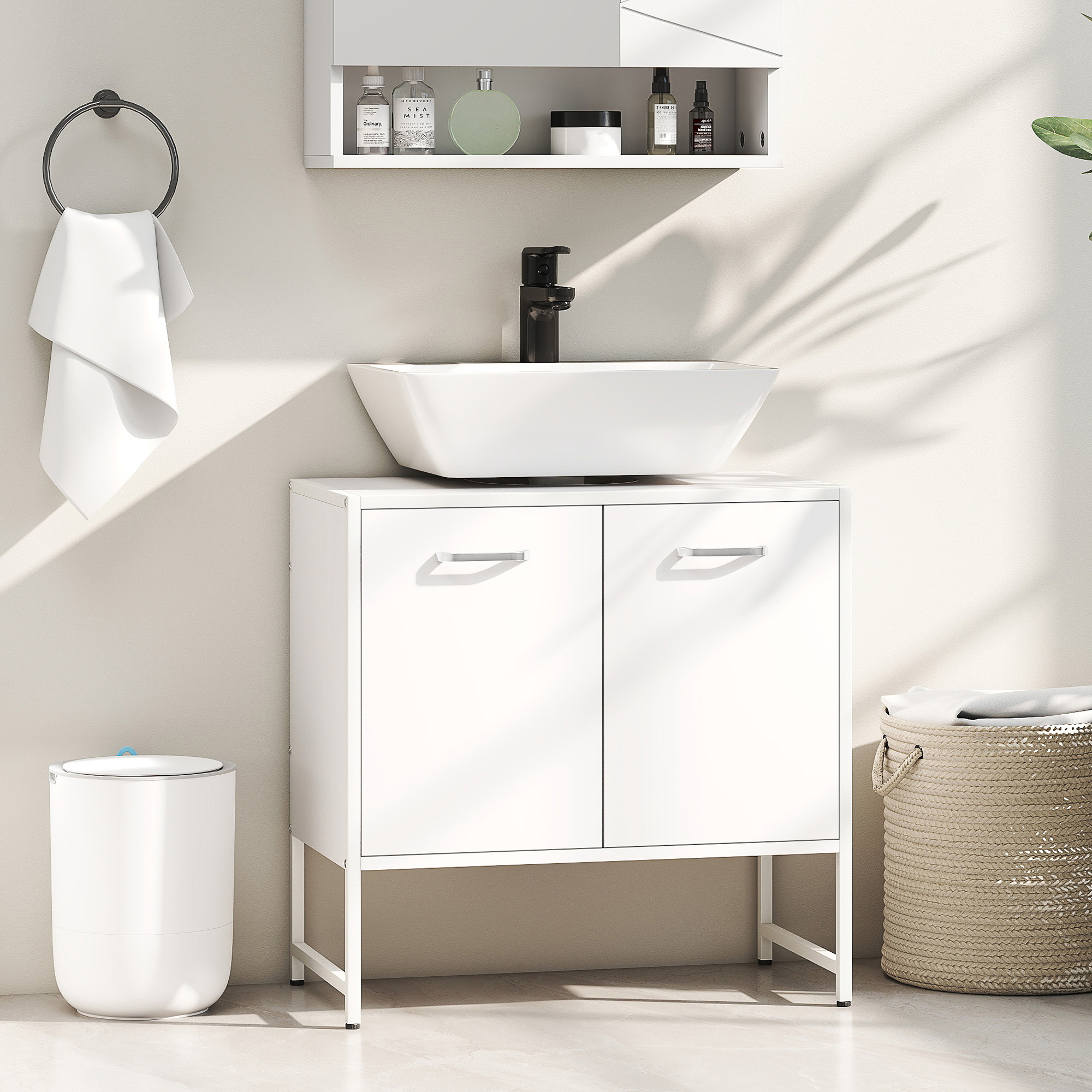 Homcom Mobile sotto lavabo, mobile bagno con 2 ante a chiusura soft e ripiano regolabile, bianco   Aosom Italy