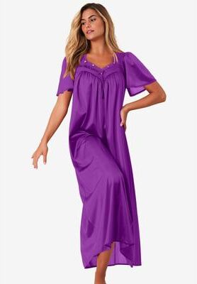 Plus Size Women's Long Silky Lace-Trim Gown by Only Necessities in Fresh Berry (Size 1X) Pajamas