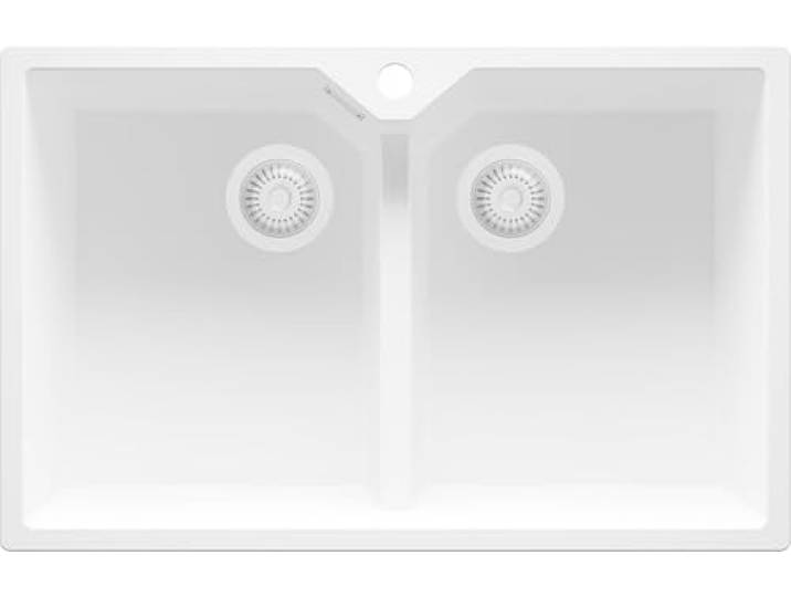 PRIMAGRAN Spülbecken ab 80er Unterschrank + Ablauf-Set, 78x50cm Set: Ablauf-Set (Siphon, Ablaufgarnitur, Überlauf) + Granitspüle 2 Becken - Madrid Twin, Alles Weiß