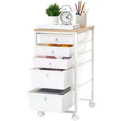 VEVOR Rollwagen mit 5 Schubladen Mobiler Rollcontainer 400x330x635mm Weiß, Metallgestell, Holztischplatte, Handgriffe, Lenkrolle mit 2 Bremsen, Aufbewahrungswagen für Büro Bastelzimmer Schlafzimmer