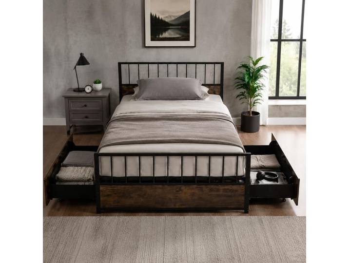 Lit plateforme simple - PAGE LIVING - PAGE Living - 2 tiroirs - Bois reconstitué & métal - 200x90 cm