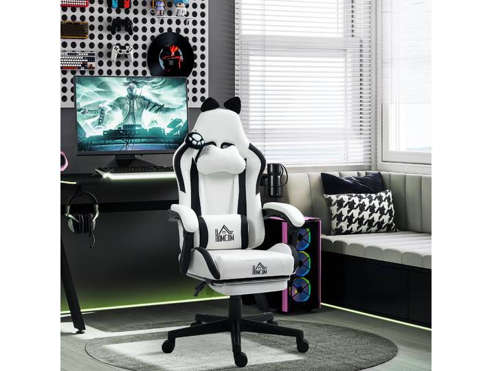 HOMCOM Chaise Gaming Ergonomique Oreilles de Chat Blanc