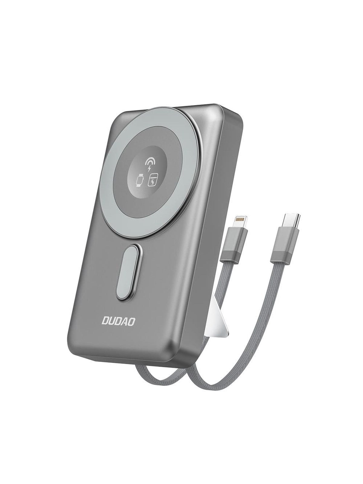 Dudao K29 10000mAh PD 20W MagSafe Power Bank with Metal Case Stand and Built-in USB-C/ Lightning Cables - Gray - 10000 mAh