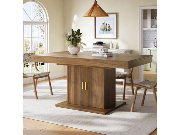 ULEVR Table à manger extensible 140-180 cm avec rangement intégré MDF et métal marron