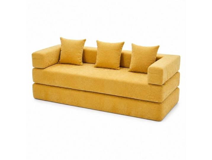 ELVORIN Canapé modulable convertible 2 places 198 x 79 x 60 cm chenille poches latérales jaune moutarde