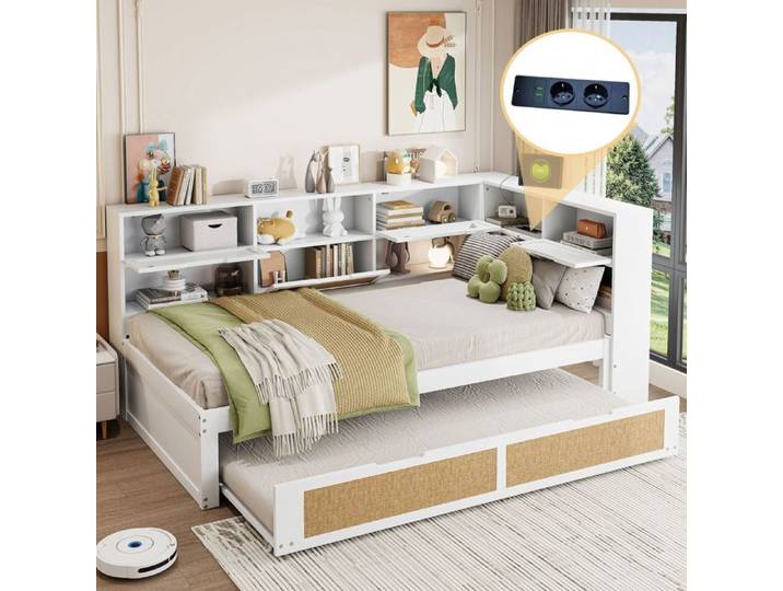 Lit gigogne bois 90x200 blanc USB