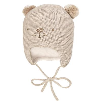 Strickmütze MAXIMO, Baby, Gr. 47, beige, Materialmix, Mützen Strickmütze, mit Tiergesicht, zwei Pompons und Bindeband