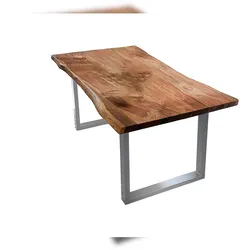 KAWOLA Esstisch LORE 200x100cm massiv mit Baumkante Nussbaumfarben Fuß silber