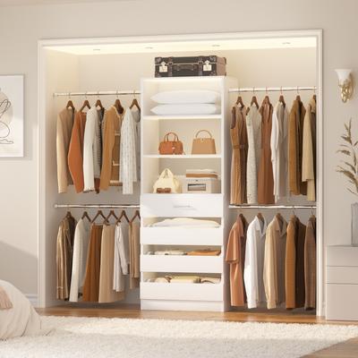 Rackcog Qvella Closet System with 4 Wooden Drawers and 4 Hanging Rods, Modern Walk-in Closet Organizer with Adjustable Tower Shelves