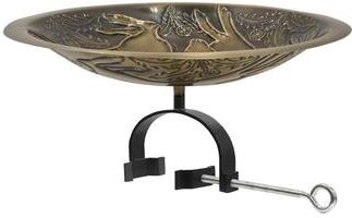 "Achla Designs 18""Dia. Round Antique Finished Brass Three Hares Birdbath w/Black Wrought Iron Over Rail Bracket"