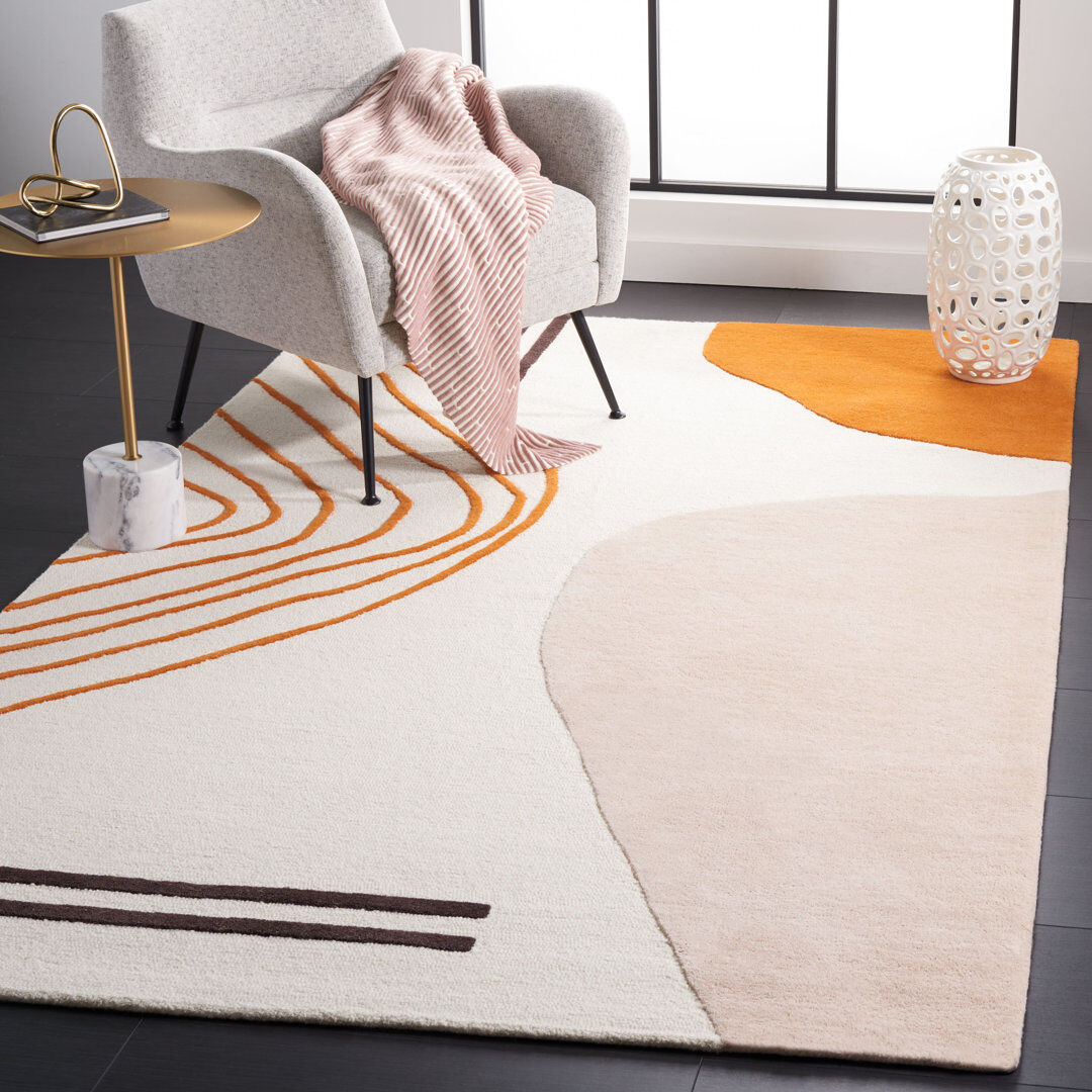 Bloomsbury Market Alisan Abstract Wool Hand Tufted Area Rug Ivory / Rust Rectangle 152 X 244