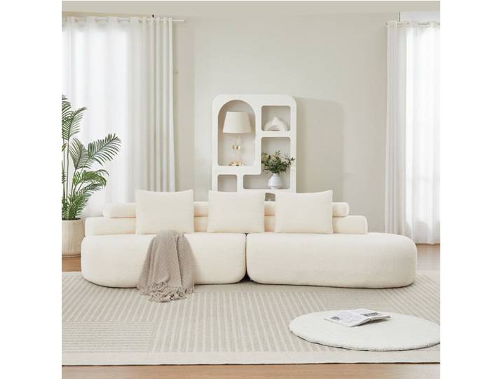 MEULVA Canapé modulable 3 places en chenille beige 2 pièces arrondi sans accoudoirs 3 coussins