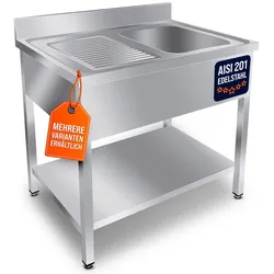 GastroHero Spültisch Edelstahl 1000x600 mm 1 Becken rechts mit Aufkantung Grundboden Profi Gastro Spülbecken Basic-Serie