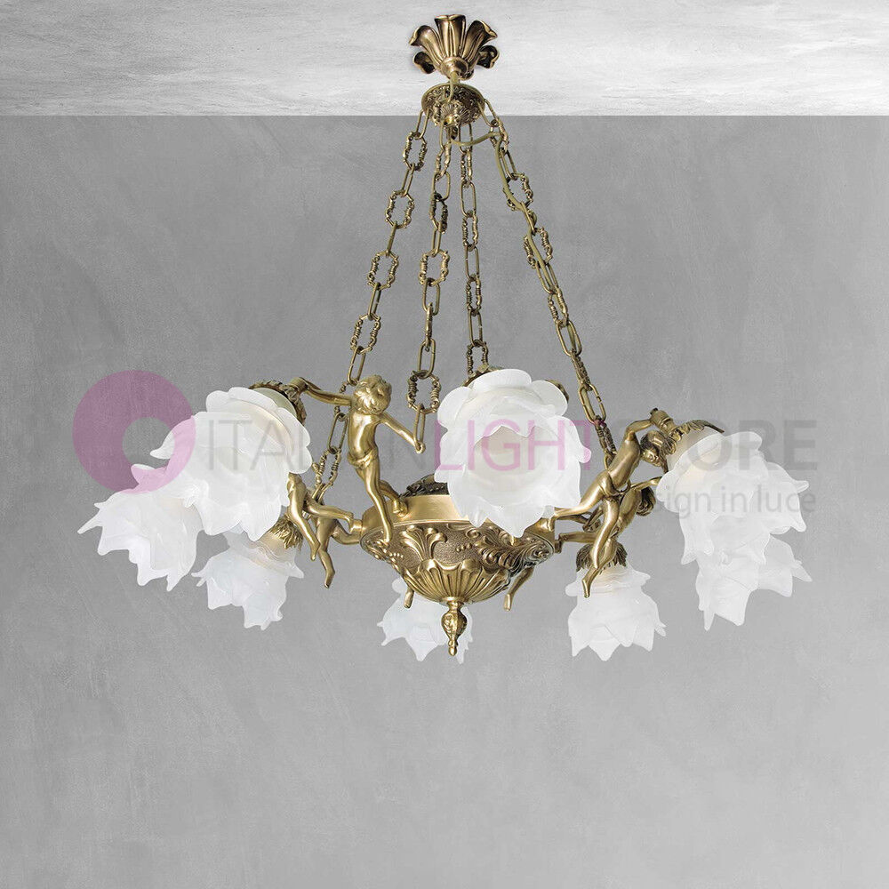 Cherubini Lampadario 8 Luci In Fusione Di Ottone Stile Classico