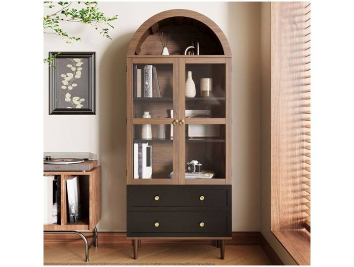 Vitrine Armoire VIVRYN Noyer Mat Verre Rainuré Étagères Réglables Poignées Dorées 70 x 38 x 165 cm