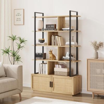 Garvee "71.1"" Industrial 5-Tier Rattan Bookcase with Storage Cabinet, Oak"