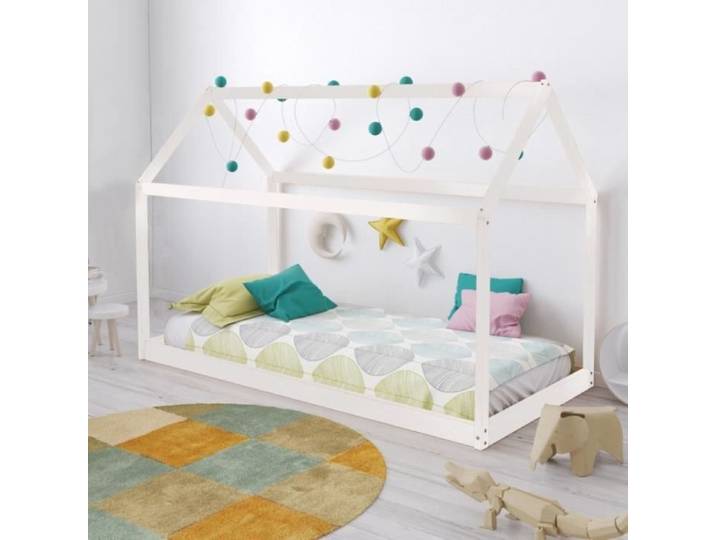 Lit cabane PANDA 90x190 + 1 sommier + matelas IRIS / Blanc