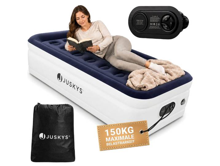 Juskys Luftmatratze Sapri M in Blau-Weiß - 1 Personen Luftbett selbstaufblasend mit Pumpe