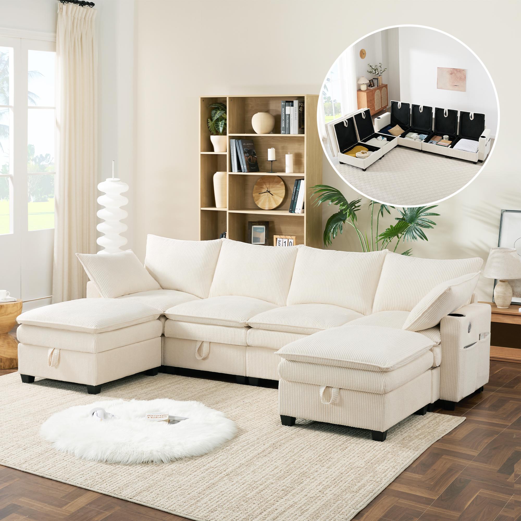 Fortuna Lai Modernes L-förmiges Sofa mit Cordbezug, Abnehmbarem Fußhocker, USB-Anschlüssen, Staufächern und Getränkehaltern, Modulares Sofa für Wohnzimmer, Apartment und Kleine Räume, Beige