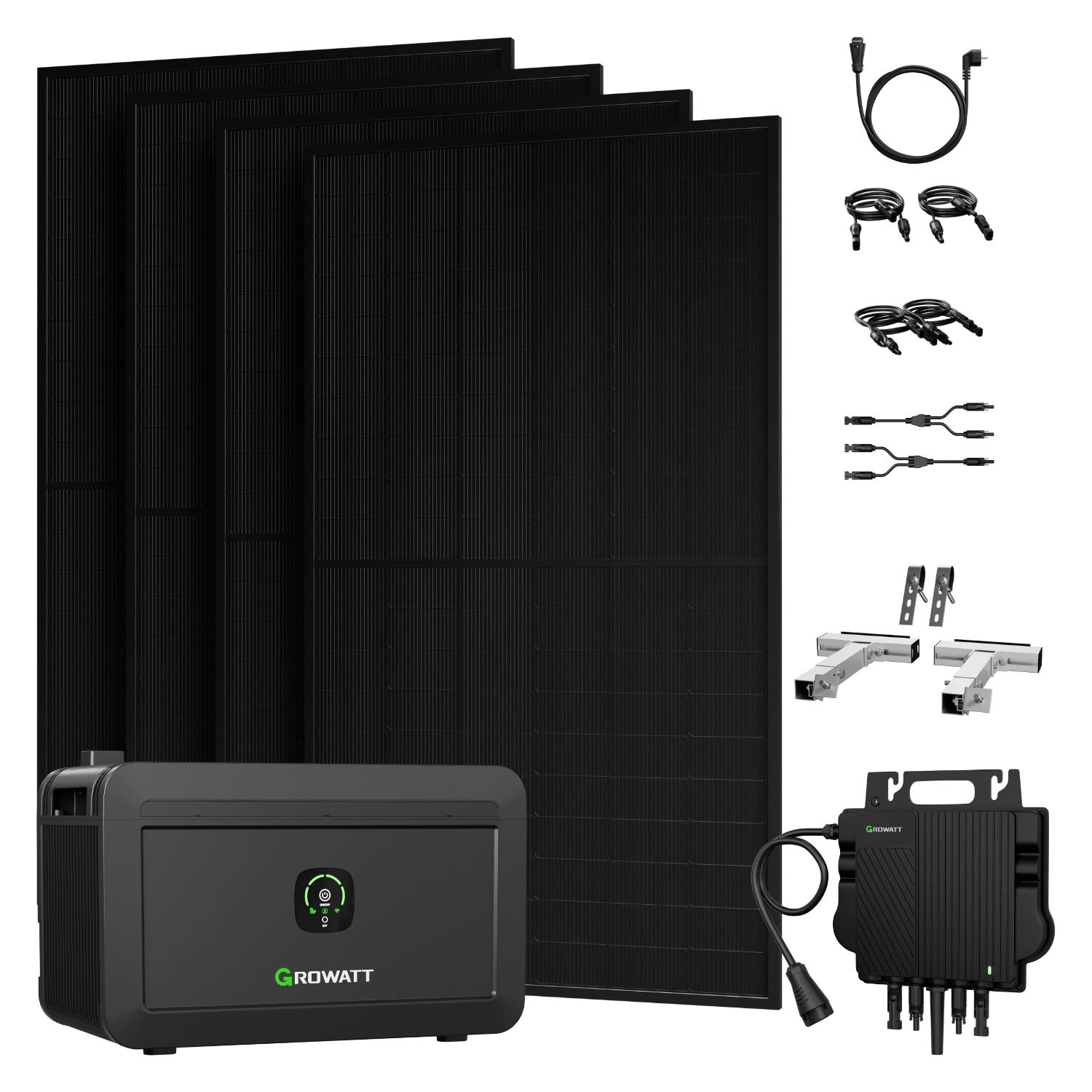 Powerness Balkonkraftwerk mit Speicher, 4x SUNPRO 500W Module & Growatt 800W Mikro-Wechselrichter & Growatt NOAH 2000 & 4x Balkon-Halterung(Silber)