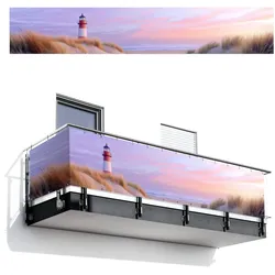 BALKON-SICHTSCHUTZ Leuchtturm - Dünen - Sonnenuntergang Groß 500x85 cm