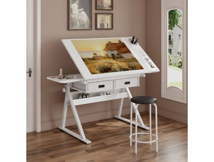 Bureau rangement intégré avec 2 tiroirs éléments réglables en MDF et métal Le plateau peut être incliné coloris blanc