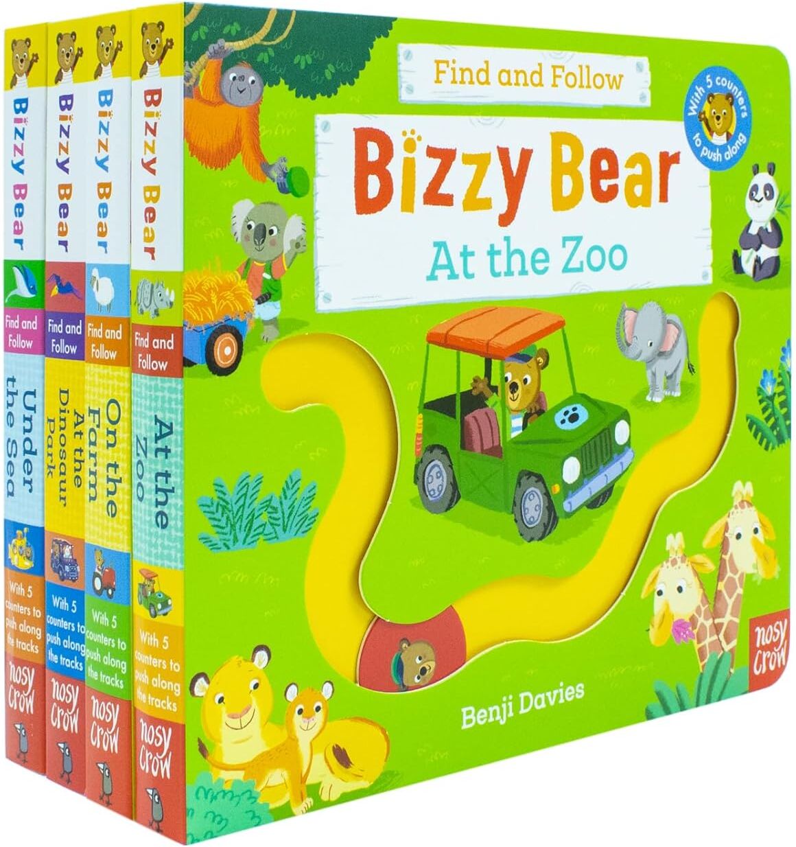 Bizzy Bear Find and Follow 4 Books Collection Set by Benji Davies - Board Book - Ages 2-5 - Zoo, Farm, Dinosaur Park & Under The Sea - Nosy Crow