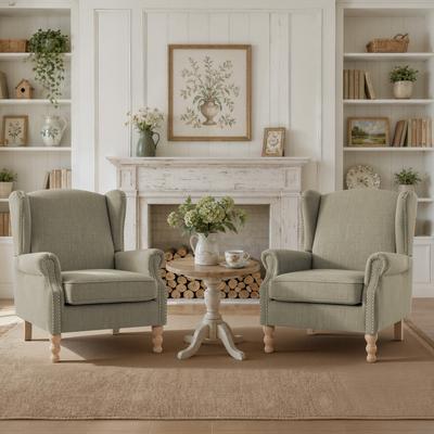Velocisca Linen Wingback Accent Chairs Set of 2, English Country Armchairs with Rolled Arms and Nailhead Trim