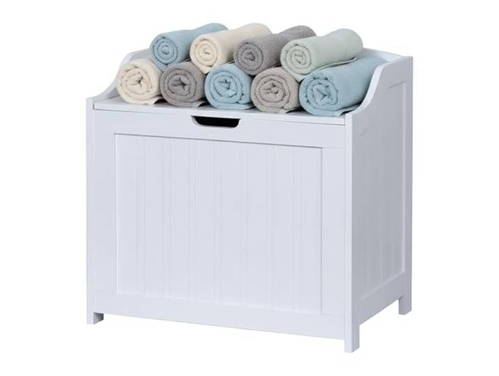 Relaxdays Wäschetruhe, 80 L, für Schmutzwäsche, Bettzeug & Spielzeug, Bad, Aufbewahrungstruhe mit Deckel, MDF, weiß