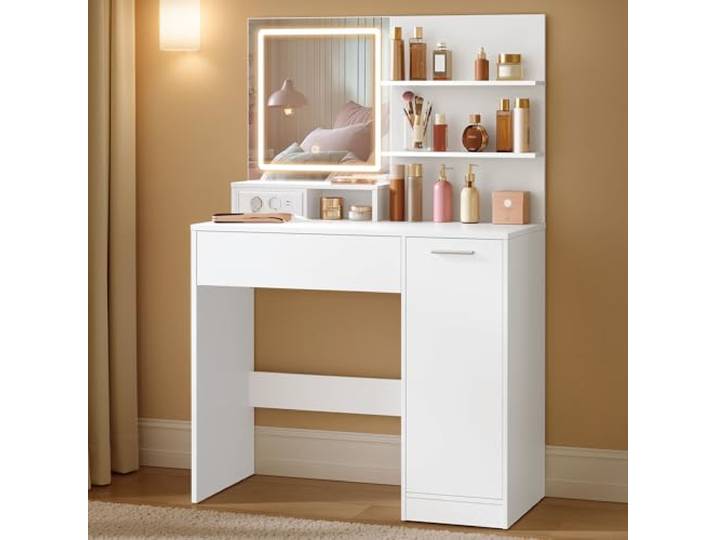 VASAGLE Schminktisch, LED-Spiegel, 1 Schublade, 2 offene Ablagen Frisiertisch, 1 Schublade, 1 Schrank, 2 offene Ablagen, Wolkenweiß, CUSTOS Kollektion RDT138W01