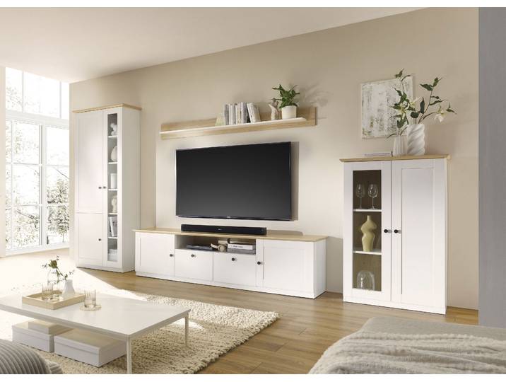 Wohnwand GOODPRODUCT Brest, Anbauwand im Landhausstil, Komplettset, Wohnzimmer-Set , weiss (weiß matt, eiche geölt dekor), B:387cm H:200cm T:43cm, Holzwerkstoff, Kastenmöbel-Sets, Wohnwand, enthält Vitrinen, Lowboard + Wandboard