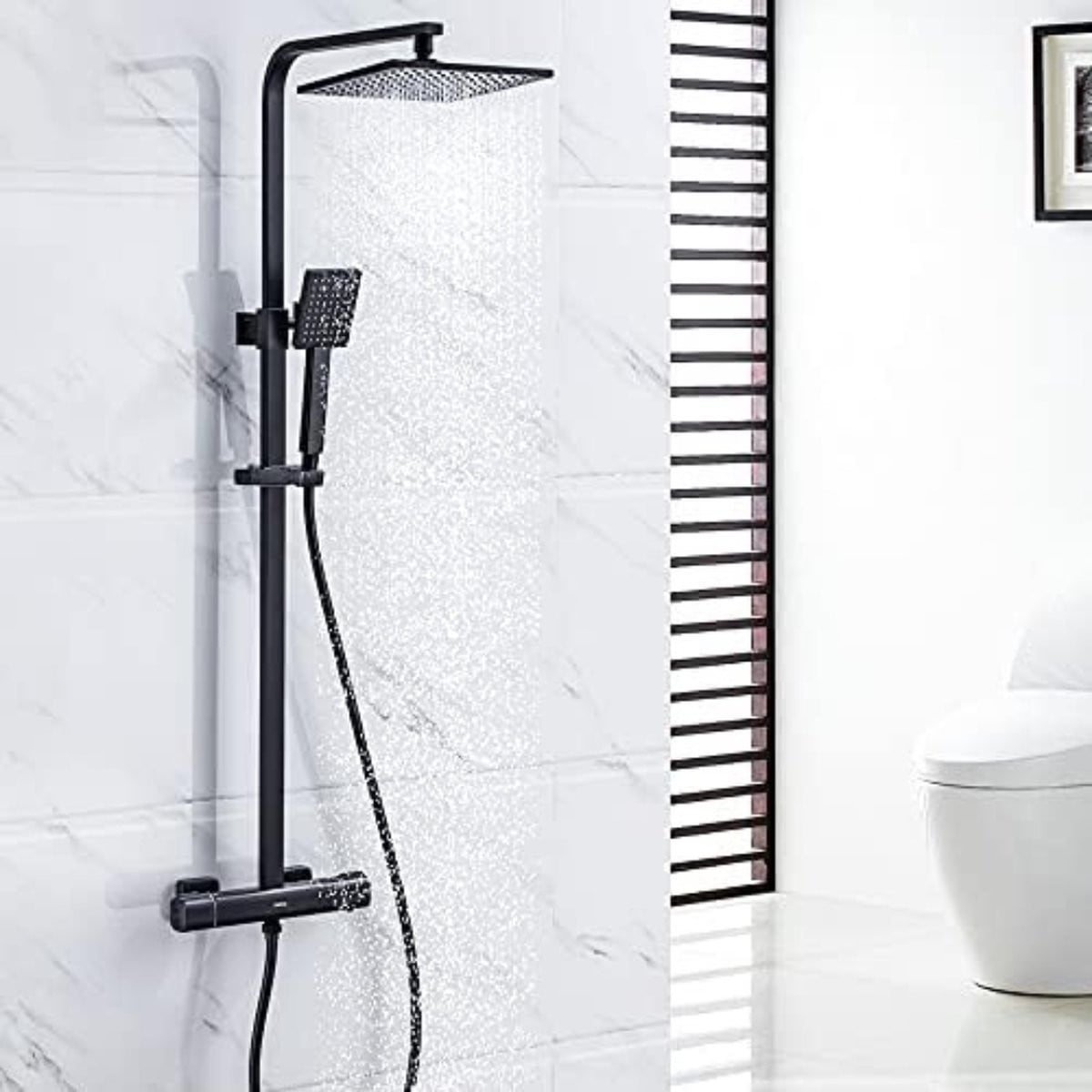 Modern Douchepaneel met Thermostaatkraan, Regen Douche en Handdouche, Mat Zwart, RVS, H 120 x B 23 x D 2 cm