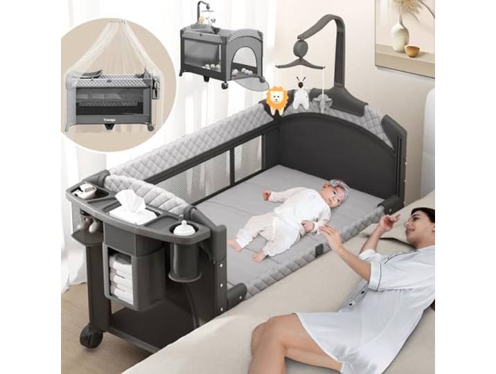 Trimigo Klappbares babybett&Reisebett & Beistellbett –Tragbar Baby Bett Höhenverstellbar, Tragbar & Einfach zu Verstauen, inkl. Spielzeug, Wickeltisch und Moskitonetz – Geschenk für Junge Eltern