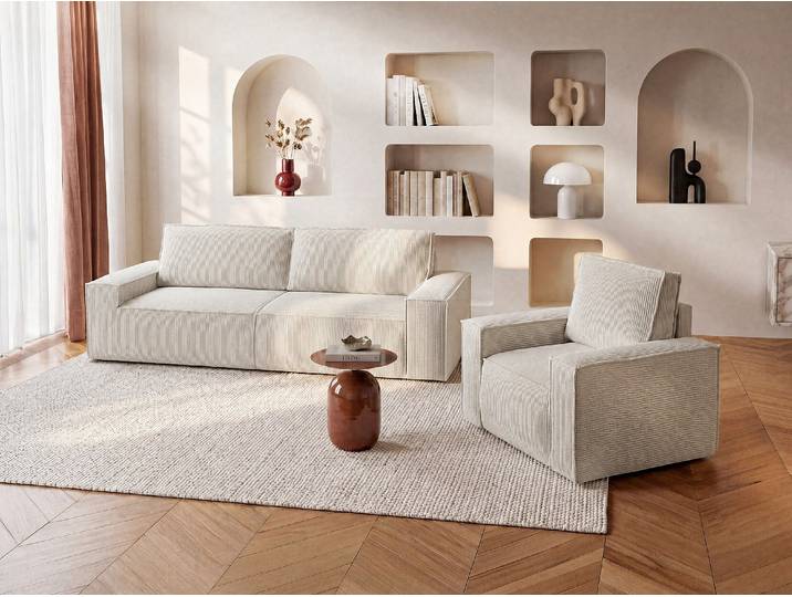 Schlafsofa 4-Sitzer mit Sessel aus Cordstoff in Beige AMELIA