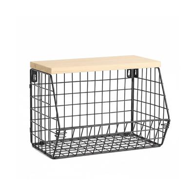 Relaxdays Obstkorb Wandregal, Ablagebrett, Küchenorganizer zum Hängen, HBT 21x30x20 cm, Gitterkorb Metall, schwarz/natur