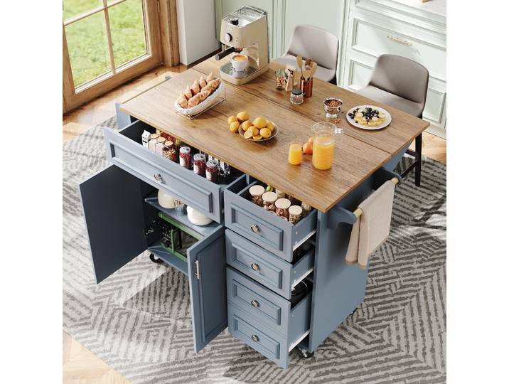MODFU Desserte Îlot De Cuisine - Buffet De Cuisine Multifonction Avec Rangements\, Pliable Avec Roulettes\, MDF Et Métal\, 110 x 75 x 92 cm - Bleu