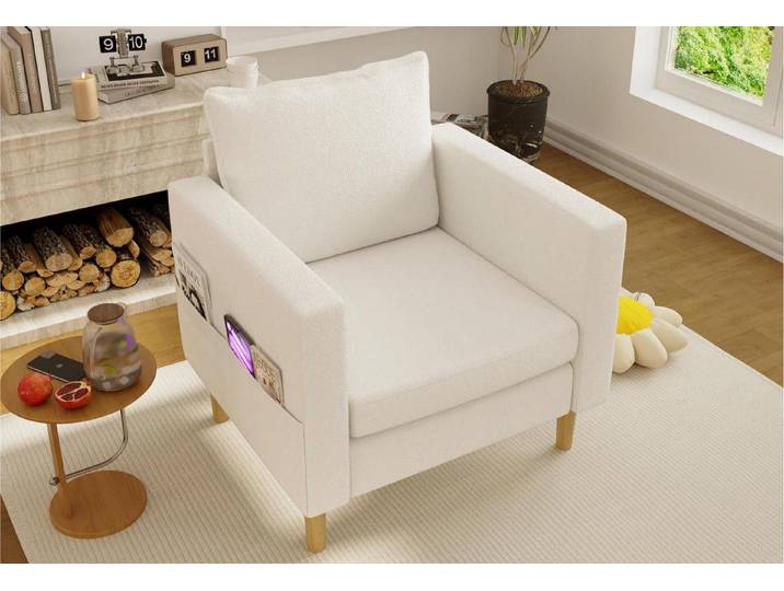 LVHOM Loungesessel Einzelsessel mit Seitentaschen,60cm Sitztiefe, bequeme Sitzfläche (Chenille-Stoff, ergonomisches Design, stabile Holzbeine, belastbar bis 150kg, 15cm Bodenfreiheit), für Wohn-/Schlaf-/Arbeits-/Wartezimmer, Büro, Leseecke, Ruhezone