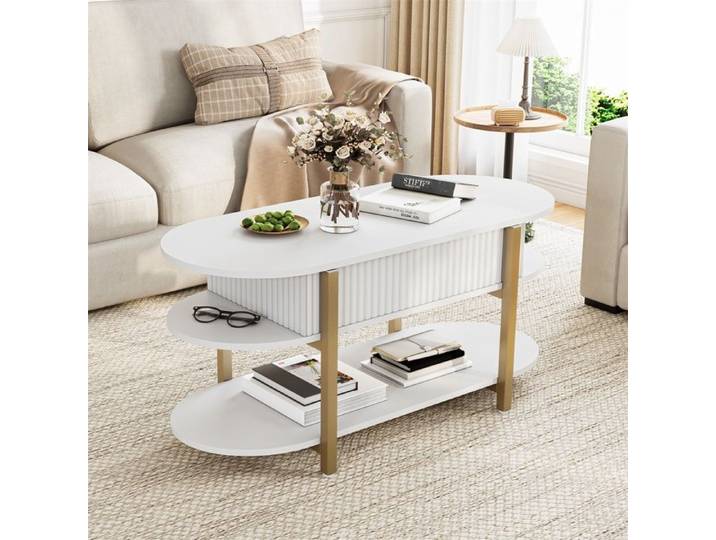 Table Basse Relevable - 106x45x50cm - Table Basse Transformable Salon avec Rangement Plateau Coulissant Moderne - Blanc