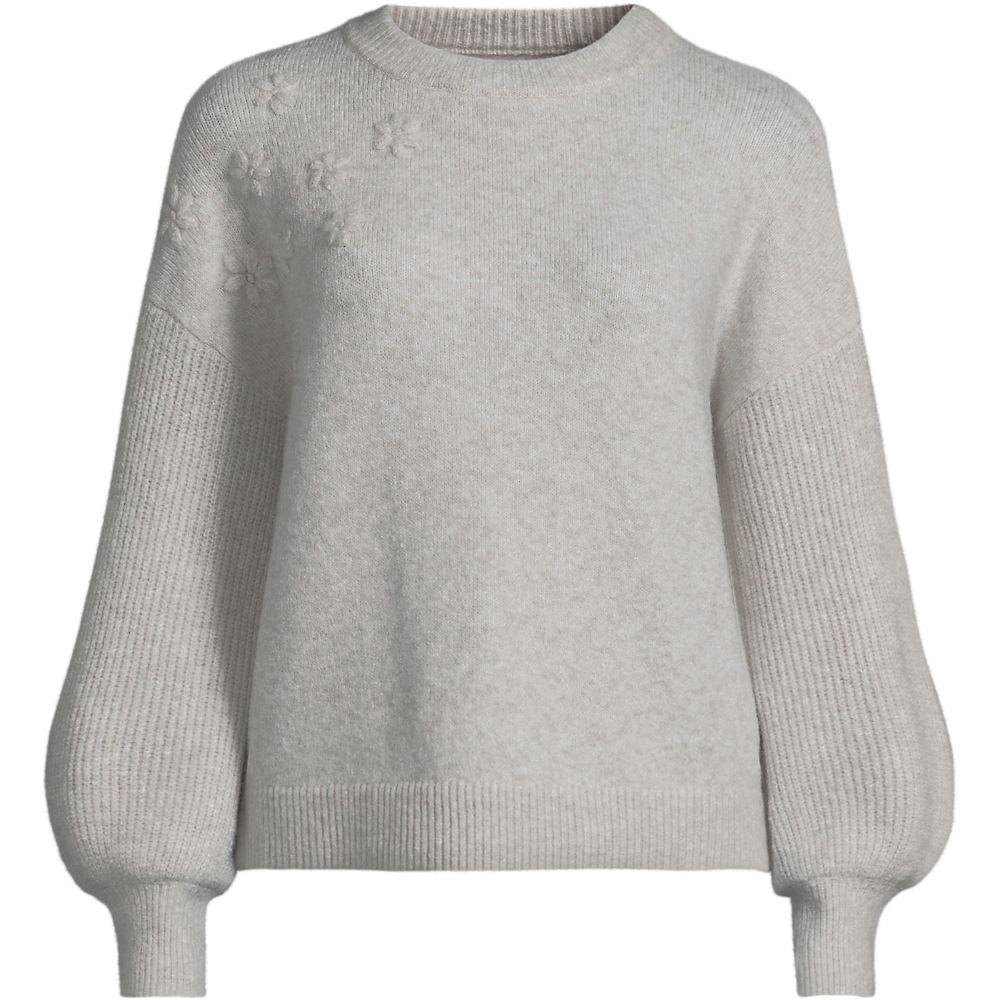 Rundhalspullover mit aufgestickten Blumen für Damen in Petite-Größe, Damen, size: petite, Elfenbein, Wolle/Polyester/Viskose, by Lands' End