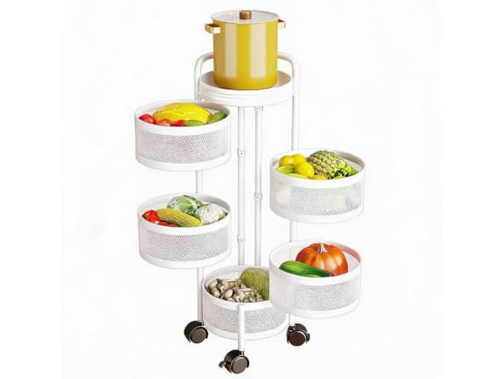 GarveeHome 5-stufiger drehbarer Küchenwagen aus Kohlenstoffstahl – stabiles Metallregal mit Rollen für Obst, Gemüse, Zwiebeln, Kartoffeln & Brot – weiß, 5 Ebenen