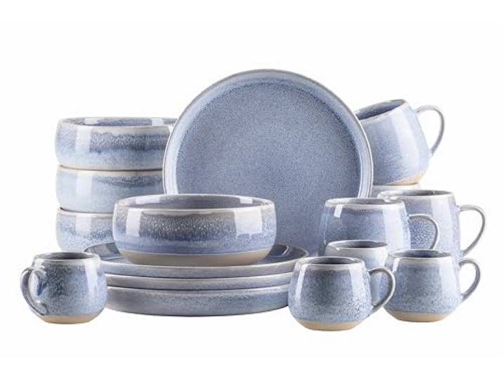MÄSER Serie Aquata, Frühstücksset 16-teilig – Modernes Geschirr für 4 Personen, Steinzeug, Blau