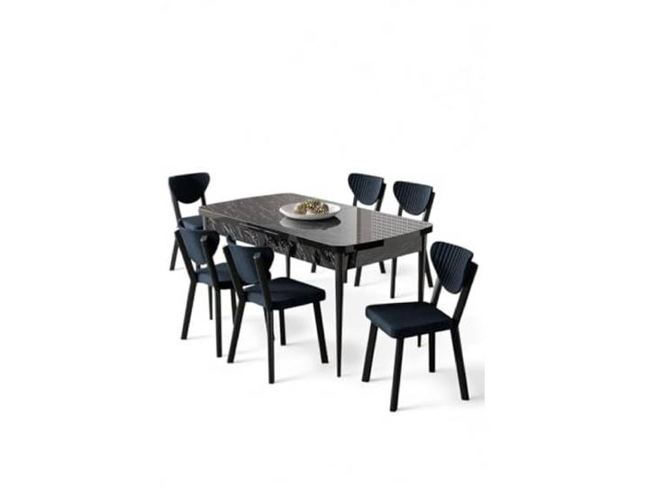 Hanah Home Extendable Dining Table & Chairs Set (7 Pieces), Black Marble & Anthracite, 132-170 cm 100% Melamine Coated Chipboard, Modern Design