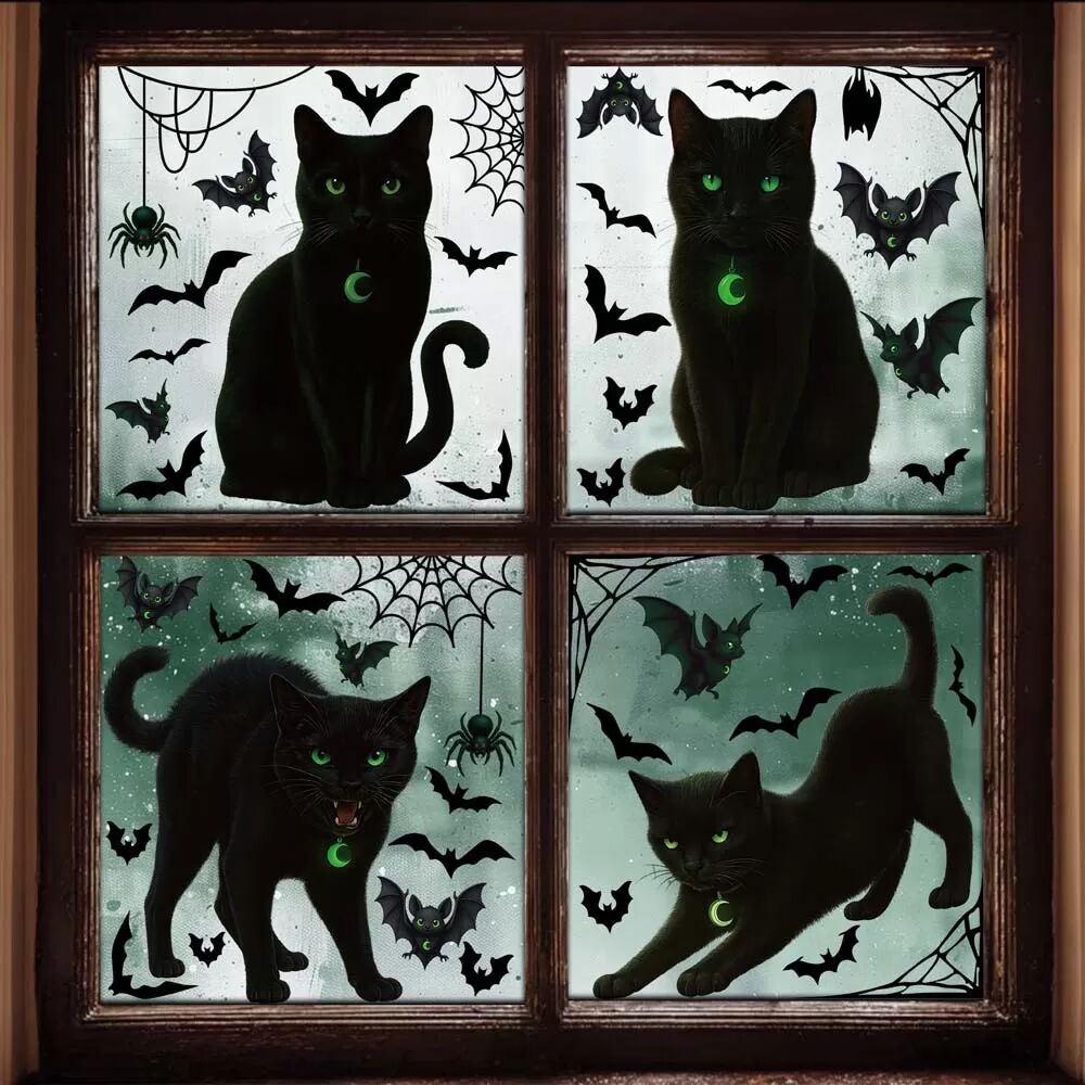 INF Schwarze Katze Fledermaus Statische Glasaufkleber - 4er-Set für Halloween Dekoration