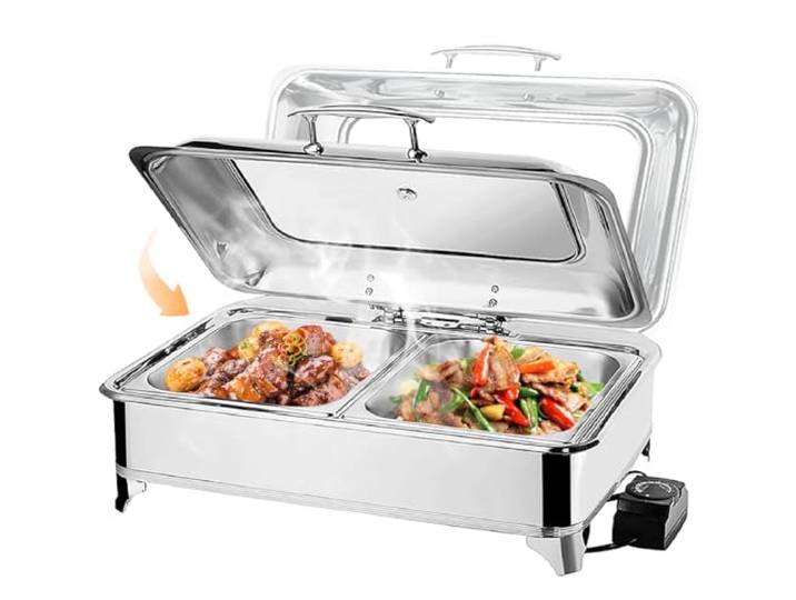 VFDZ Chafing Dish Elektrisch Glasdeckel, 9L Edelstahl(2pans) Einstellbarer Temperatur Catering Warmhaltebehälter Edelstahl, Rechteckiger Speisewärmer Chafing Dish Glasdeckel